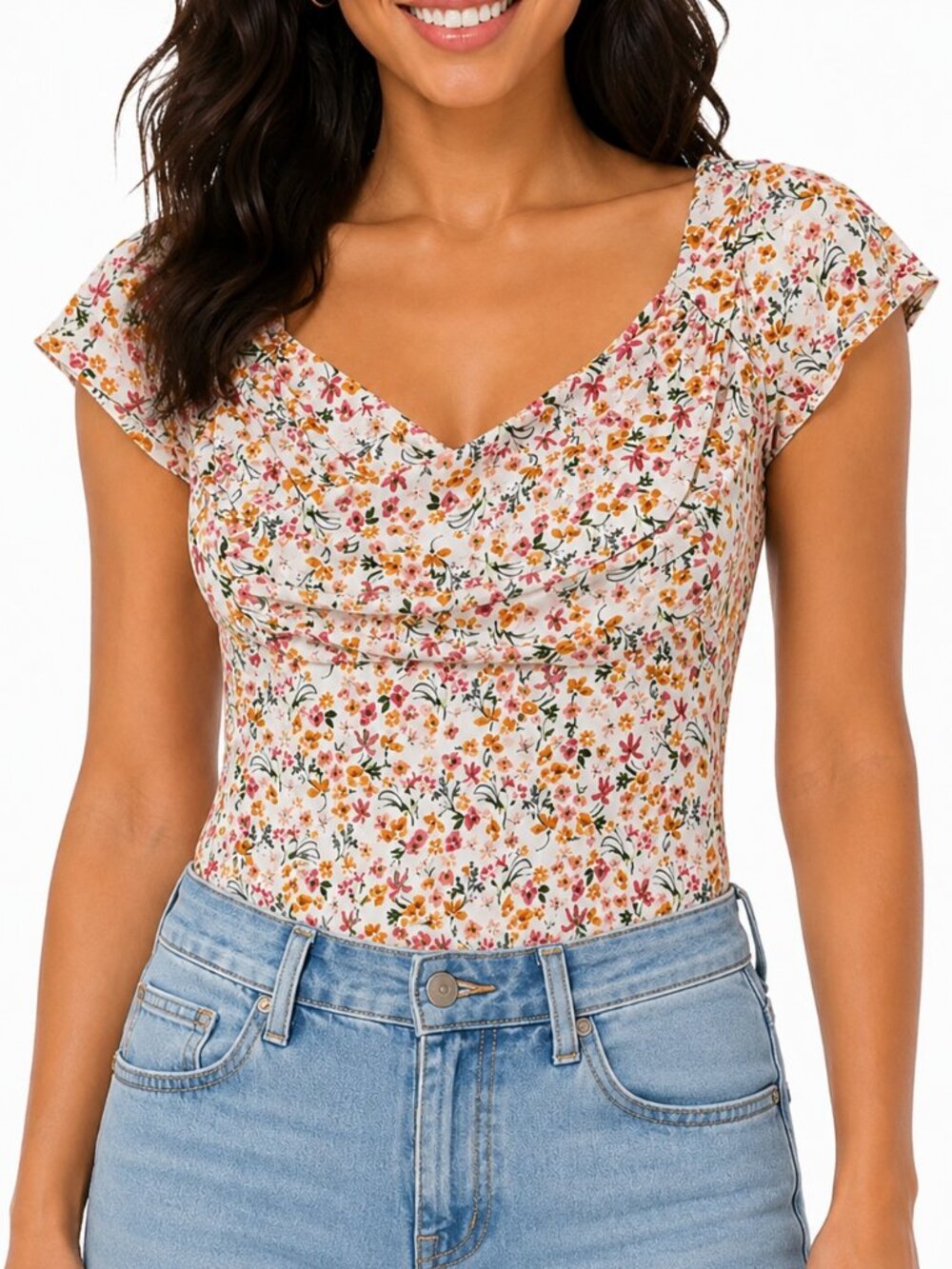 Lulu's Sweetest Nature Ivory Pink Floral Cap-Sleeve Sweetheart Neckline Bodysuit